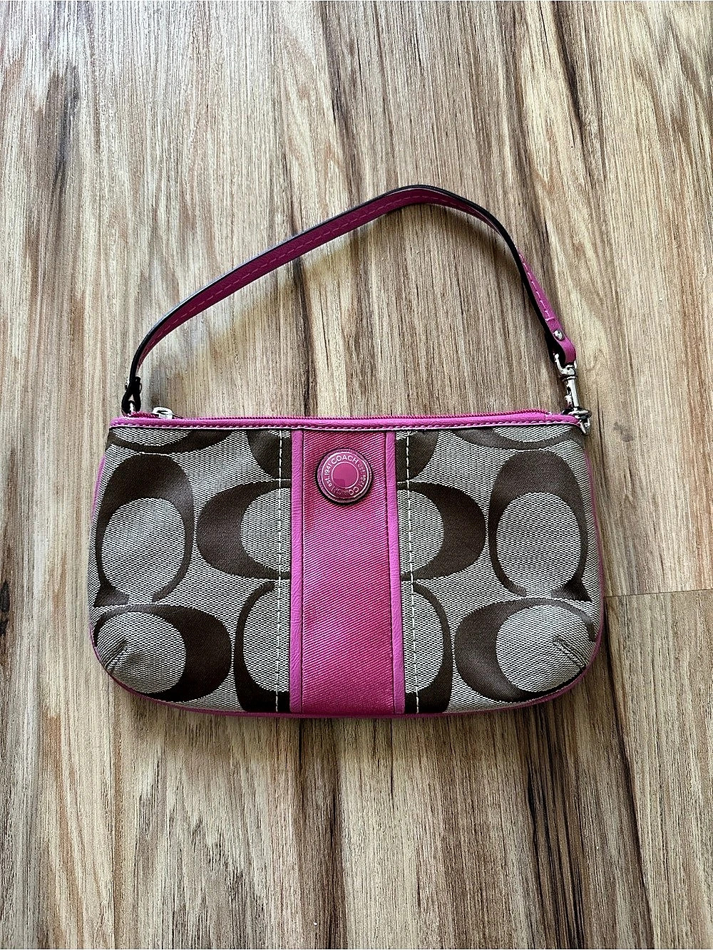 Coach Signature Canvas Shoulder Bag With Stripe Pink & Brown